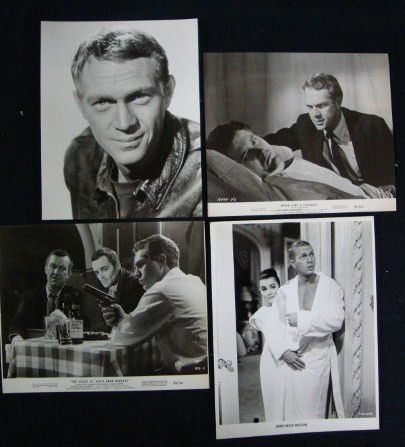 MOVIE STILLS - STEVE McQUEEN (45): Lot to include movie stills dating from 1958 some with publicity snipes. Lot also includes portraits, newspaper clippings & advertisements.