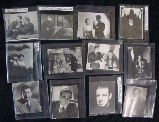 LON CHANEY JR. CONTACT NEGATIVES (12): Each negative has a print which accompanies it. In a scene from Mummy's Tomb; in a scene from Of Mice and Men with Burgess Meredith; in a scene with Ida Lupino; as Frankenstein; with lady co-star & a 