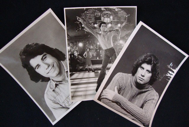 JOHN TRAVOLTA EARLY PHOTOS - ONE BY TRINDL: Two c/u portraits one with a back stamp for Gene Trindl at Globe Photos. N.Y.C. and one probably from Welcome Back Kotter. A classic full length image from Saturday Night Fever. 7 x 10, 8 x 10, 8 x 10