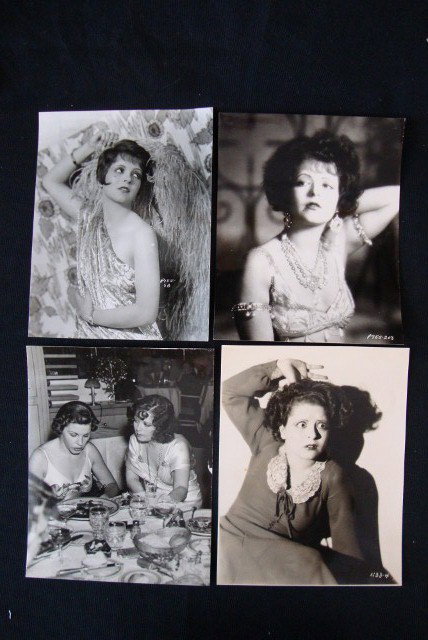 CLARA BOW MOVIE STILLS AND PORTRAITS (6): Linen backed #'d in the negative 1138-4; portrait by Puffer, NY (re-strike); 1937 Norma Lloyd candid with Martha Raye at Bow's IT Café with a backstamp for the photographer and Bruno Studio Hollywood
