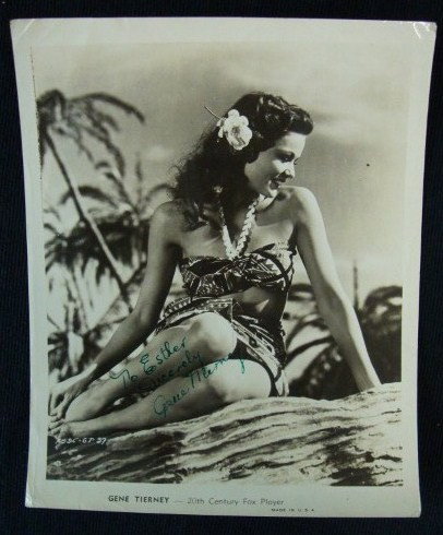 GENE TIERNEY - ISP SON OF FURY: 20th Century - Fox Film Corporation back stamp. Gene Tierney as The Polynesian girl in son of Fury. Signed in green ink To esther Sincerely Gene Tierney. 8 x 10. VF-F