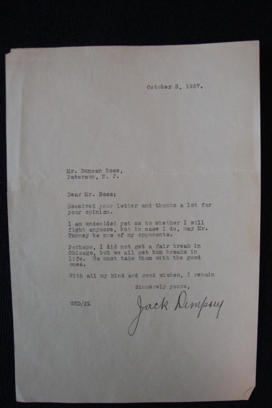 JACK DEMPSEY TLS: Dated October 3, 1927 to Mr. Duncan Boss…"I am undecided yet as to whether I will fight anymore, but in case I do, may Mr. Tunney be one of my opponents. Perhaps I did not get a fair break in Chicag