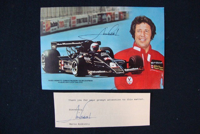 MARIO ANDRETTI AUTOGRAPH: Signed Mario Andretti on a manilla paper following the typed words, Thank you for your prompt attention to this matter, Sincerely. Lot is accompanied by a postcard. 2-1/2 x 6-1/2