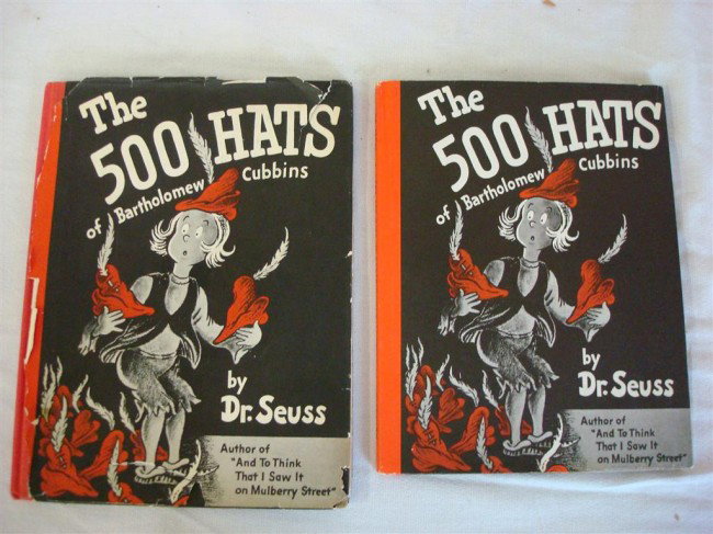 FIRST EDITION 2ND PRINTING DR. SEUSS BOOK: two(2) "The 500 Hats of Bartholomew Cubbins", one(1) first edition, second printing, printed in 1938 with d/j, dust jacket is tattered but authenticates it as a first edition by the price on the inner