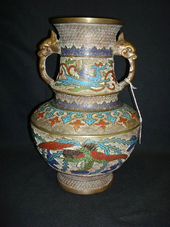 CHAMPLEVE BRONZE URN: bronze urn with animalier handles and enameled decorations, marked at underside; 12in. H. x 8in. W.
