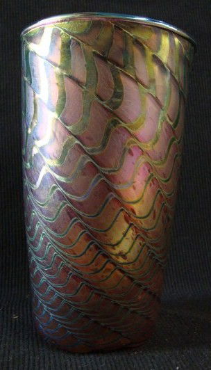 ART GLASS TUMBLER: art glass tumbler in the manner of Loetz, purple high iridescence; 6in. H.