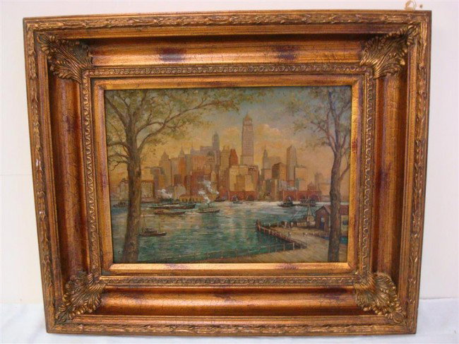AFTER C.C. COOPER; OIL PAINTING SIGNED: Oil on panel, New York harbor scene after C.C. Cooper, bears signature. Gilt frame; 12in. X 16in.