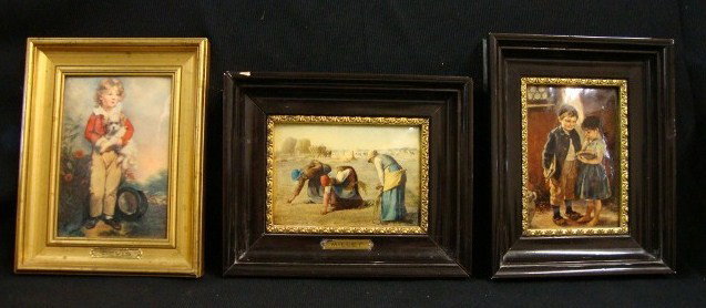 THREE(3) FRENCH PORCELAIN PLAQUES: porcelain, Les Glaneuses after Millet, Master Simpson after Devis, La Frere et La Soeur after Dehmichen; 6-1/4in. X 8in.