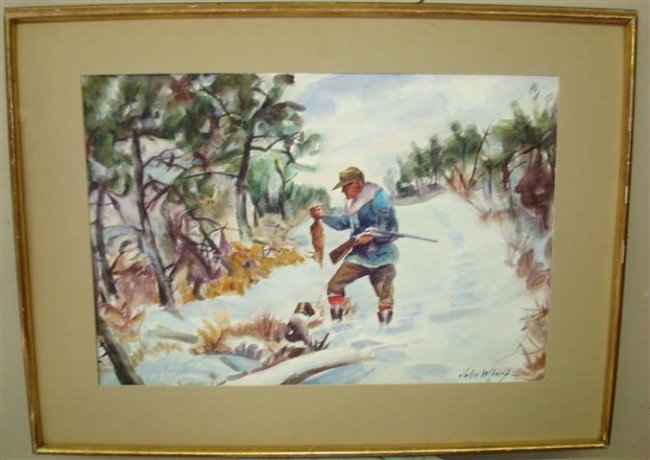 JOHN WHORF; WATERCOLOR PAINTING SIGNED: watercolor on paper, Hunter and Dog in Snow, signed lower right; 16.5in. X 24in.