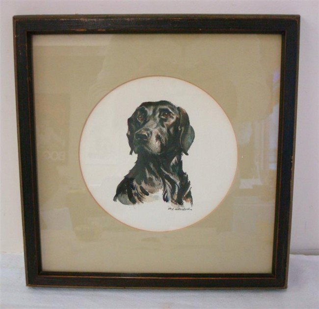 MILTON WEILER; WATERCOLOR PAINTING SIGNED: watercolor, portrait of a Retreiver sgd. L.R., Sportsman's Gallery Label on reverse; 6-1/2in. Diam.