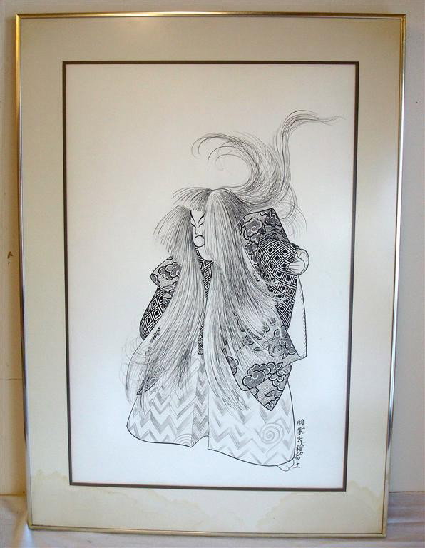 AL HIRSCHFELD; PEN AND INK DRAWING SIGNED: pen and ink, Kabuki at the Beacon, signed L.R. in Japanese characters; Provenance: Margo Feiden Galleries NYC 1979; 30in. X 20in.(sight size) This pen and ink is pictured on Page 161 of Hirschfeld by 
