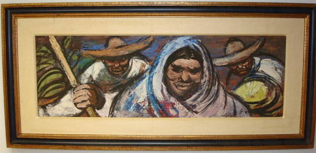 DAVID SIQUEIROS;MEXICAN GOUACHE PAINTING SIGNED: (Mexican 1896-1974), gouache on board, Mexican Farm Workers signed L.R. and dated 1956; all original frame and backing; 15in. X 44in.