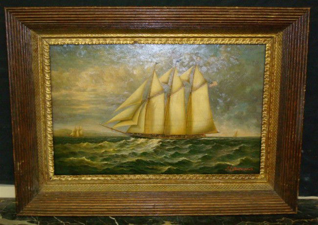 JAMES E. BUTTERSWORTH; OIL PAINTING SIGNED: oil on panel, Schooner at Full Sail signed L.R.; 14in. X 22in.