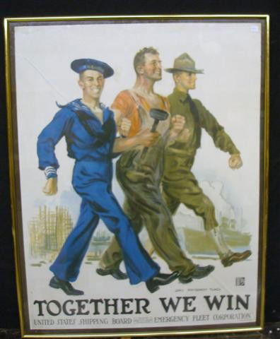 FRAMED WWI POSTER: antique lithographed WWI poster, Together We Win; 37.5in. x 29in.