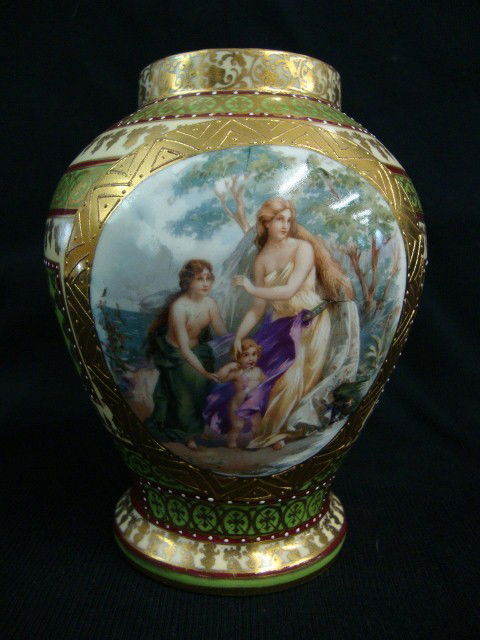 ROYAL VIENNA PORCELAIN VASE: gilt decorated porcelain vase with classical scenes. With blue bee hive mark and marked "Austria" #25; 6-1/2in. H.