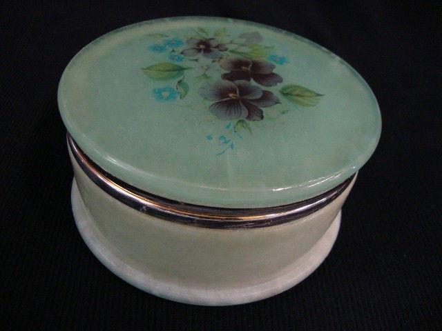 ITALIAN ALABASTER DRESSER BOX: decorated with violets; 2in. H. x 4in. W.