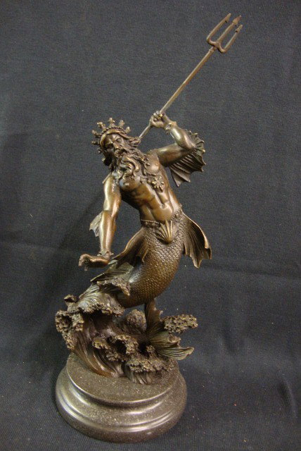 BRONZE GROUPING- KING NEPTUNE: bronze of King Neptune emerging from the sea with triad, tiered marble base; 16in. H.