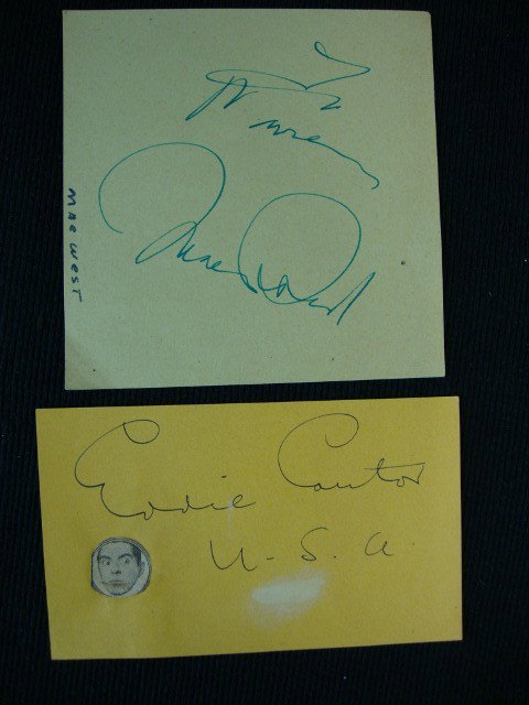 LOT OF EIGHT AUTOGRAPHS INC. CANTOR & HOPKINS: Signed Eddie Cantor USA on orange paper (1); on reverse side autograph of Louise Bravero, 3 x 5 (1); Mae West autograph, 4-1/2 x 4-1/2 (1); Joan Blondell autograph, 3-1/2 x 5 (1); Best Wishes, Fred Cr