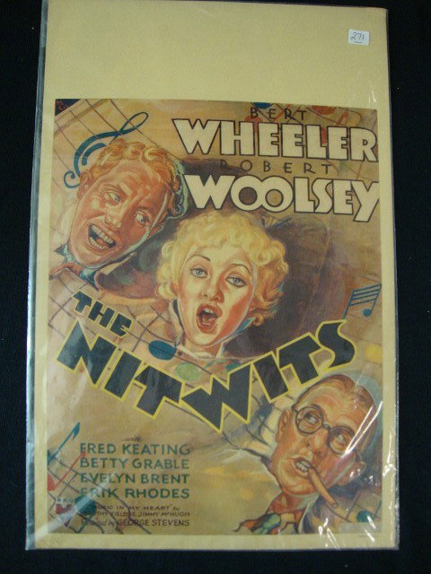 WINDOW CARD, THE NITWITS: RKO, 1935. Bert Wheeler, Robert Woolsey. 14 x 22. VF-F (crease upper right corner)