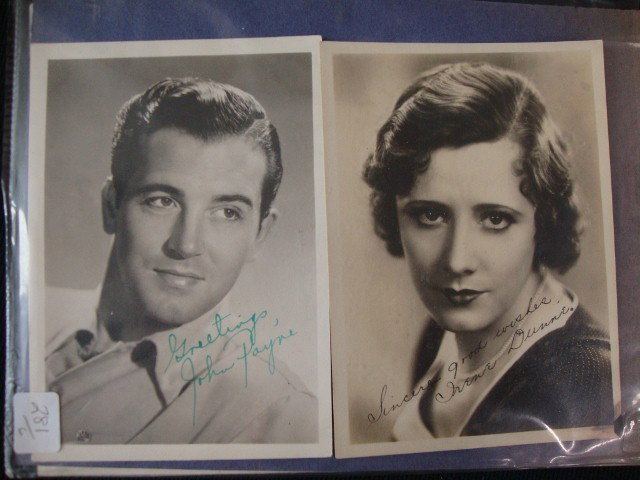 SIX SGD. PHOTOS INC. LUPINO, YOUNG, DUNN, DAY: Signed photo, Greeting John Payne, 5 x 7 (1); Sincere Good Wishes, Irene Dunn, 3 x 5 (1); Best Wishes Laraine Day, 9-1/4 x 7-1/2 (1); To Roslyn, Lovingly Jane Withers, 8 x 10 (1); photo with publicity