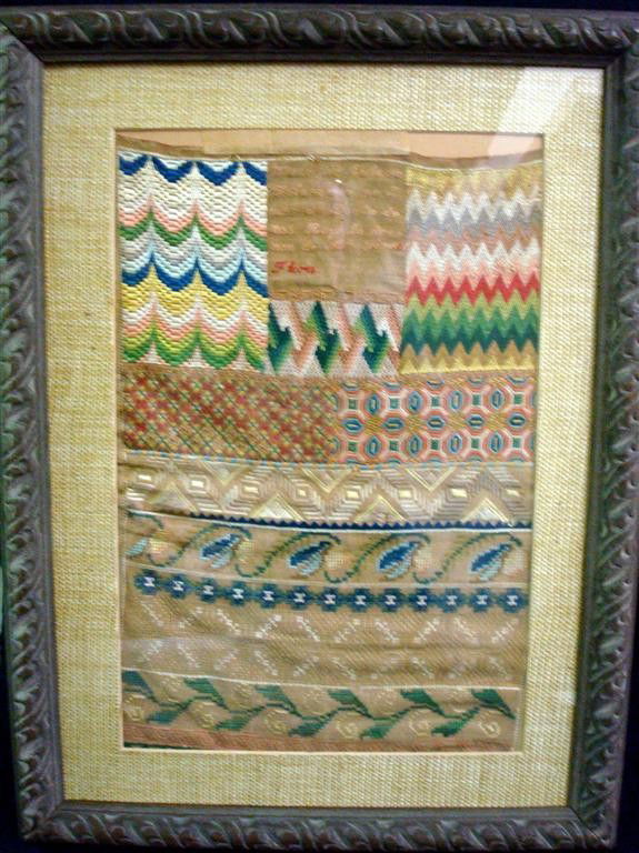 EARLY FRAMED SAMPLER DATED 1866: unusual sampler; 1866; with Spanish needlepoint dedication; 21in. X 13-1/2in.