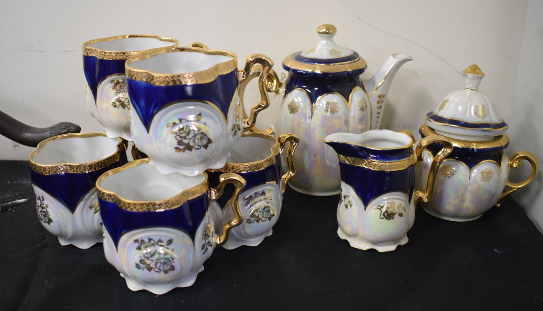 Pearlescent Ivory/Blue/Gold Antique Tea Set (1 of 5)
