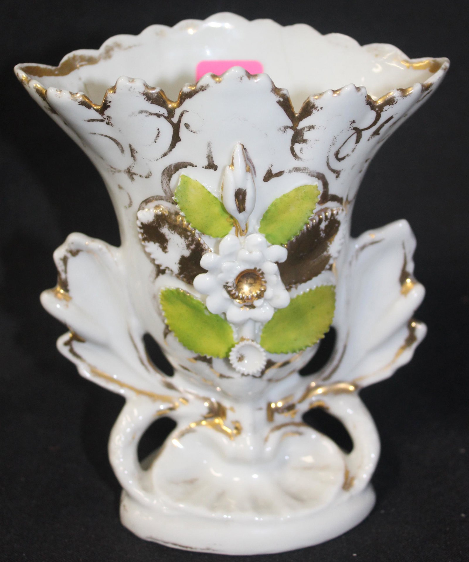 Antique European Porcelain Flower Vase: Floral and leaf applications. Hairline on the inside. Size 5:H