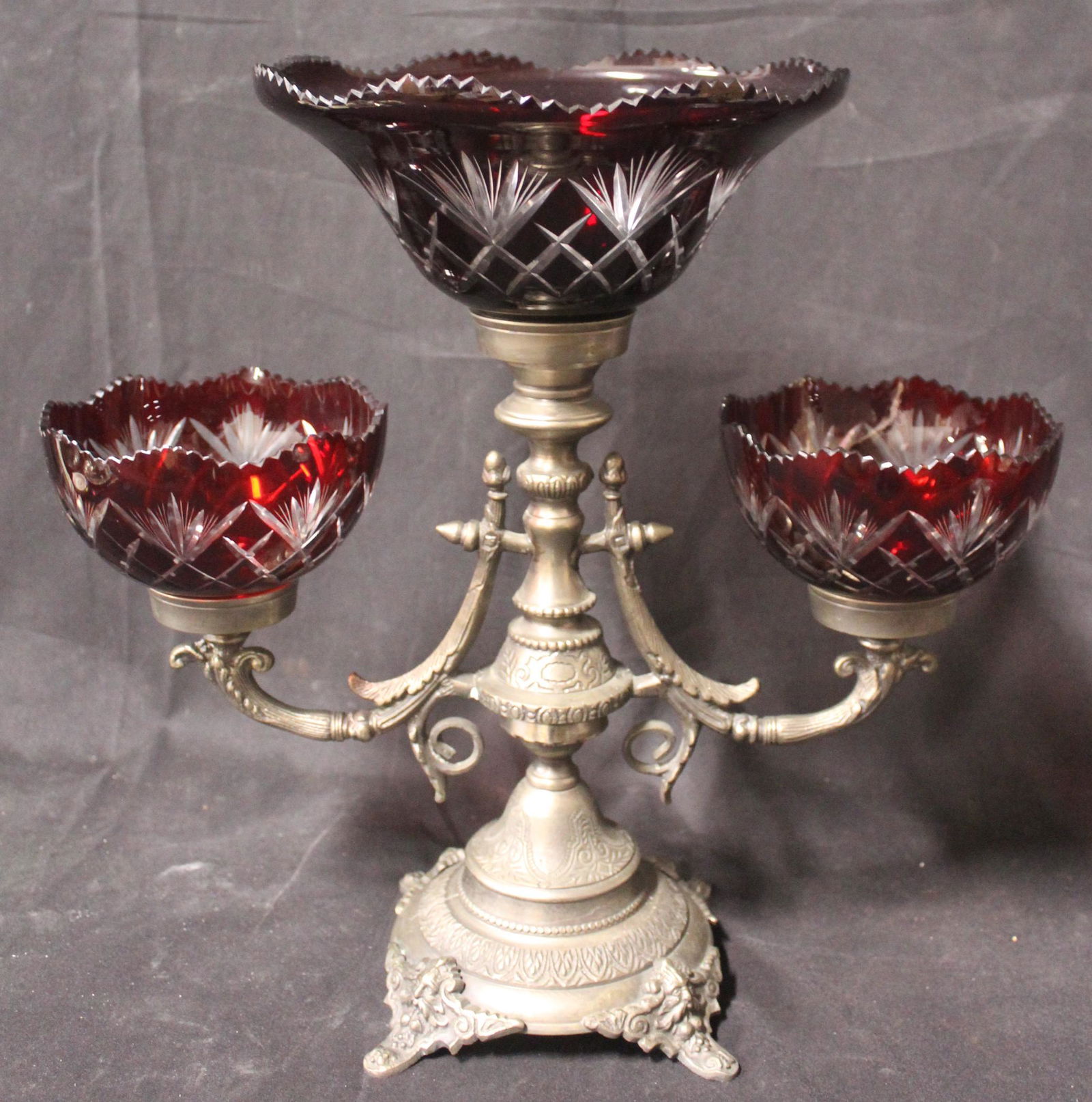 Victorian Epergne Cut Clear to Cranberry Glass Bowls (1 of 4)