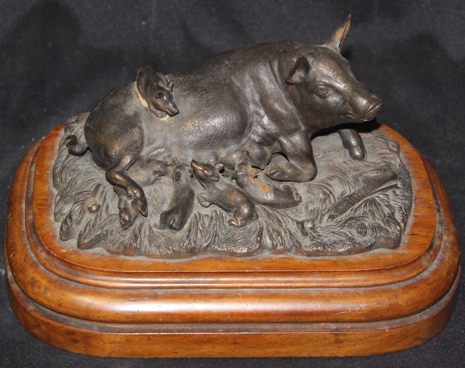 Antique Ganz es Tarsa Bronze Pigs: Antique Hungarian Bronze grouping on wooden base. Marked Ganz es Tarsa BPEST. Overall size 5"H x 9"W x 6"W
