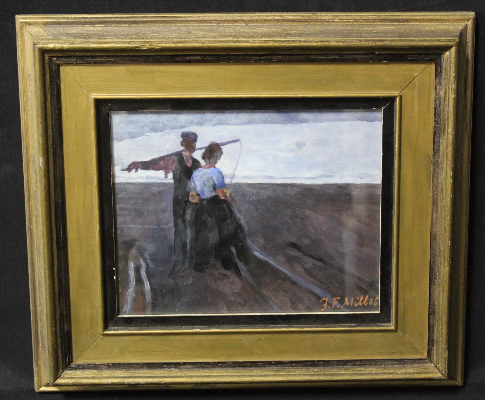 After Jean-Francois Millet Sgd. Oil on Canvas: (French 1814-1875) Signed oil on canvas original painting after Millet's famous work and nicely matted and framed. Image Size 7.5"H x 9.5"W Overall 14"H x 16"W
