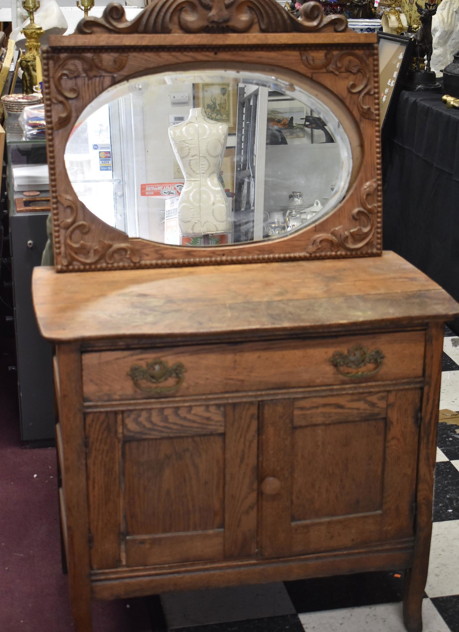 Antique Oak Washstand with Mirror (1 of 4)