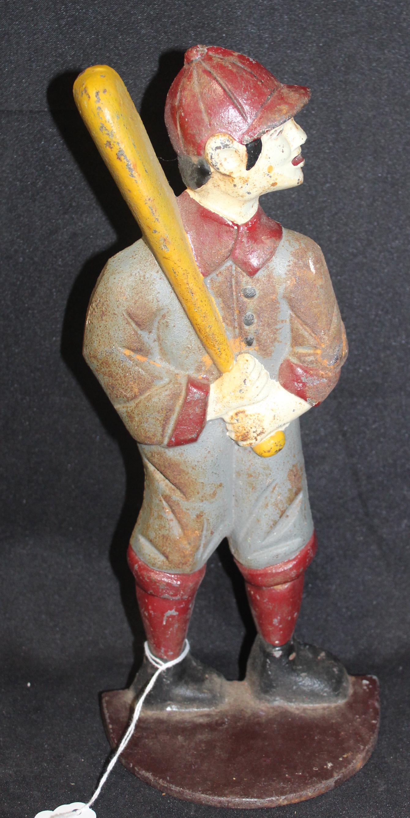 Vintage Cast Iron Baseball Door Stop: Polychromed. 11 1.4" H.
