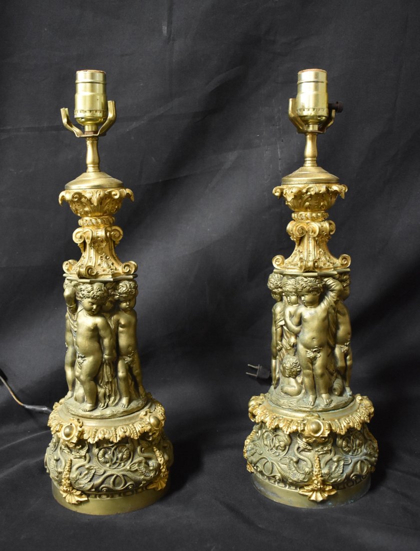 Pr. Bronze Cherubs Figural Lamps. (1 of 7)