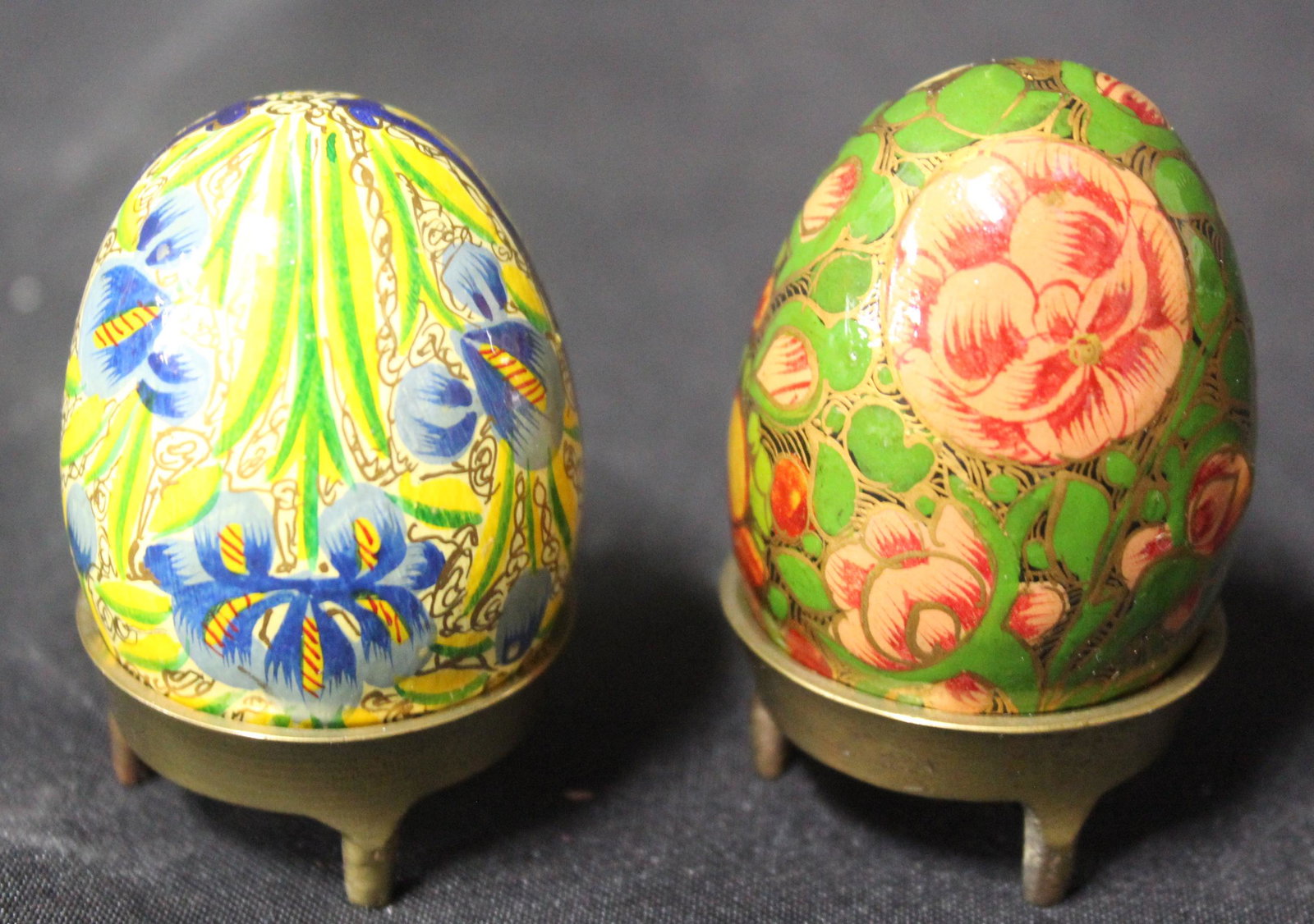 Lacquered Eggs on Stands (2): 2 eggs with accompanying stands. Eggs are 2.25 in H.