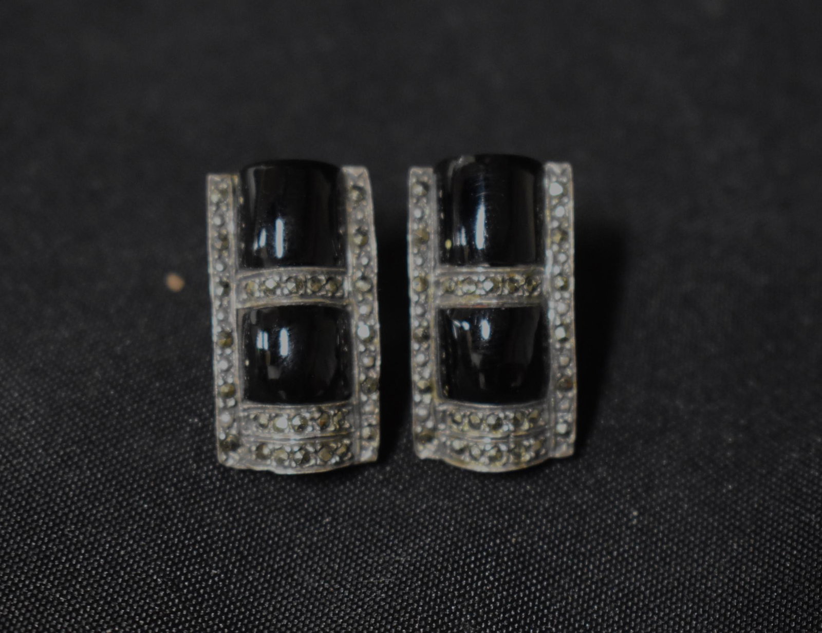 Art Deco Sterling Marcasite & Onyx Earrings: Clip