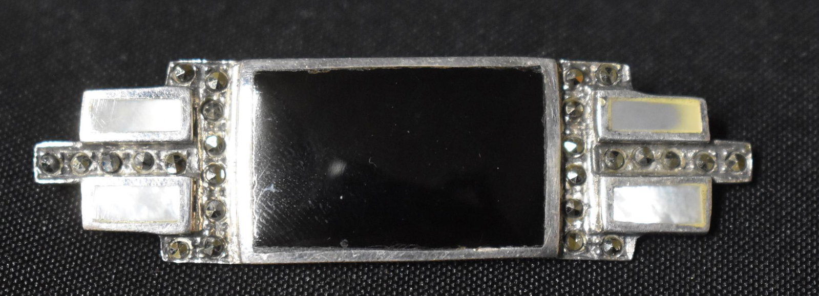 Art Deco Sterling Onyx and Marcasite Brooch: 2 1/2"L