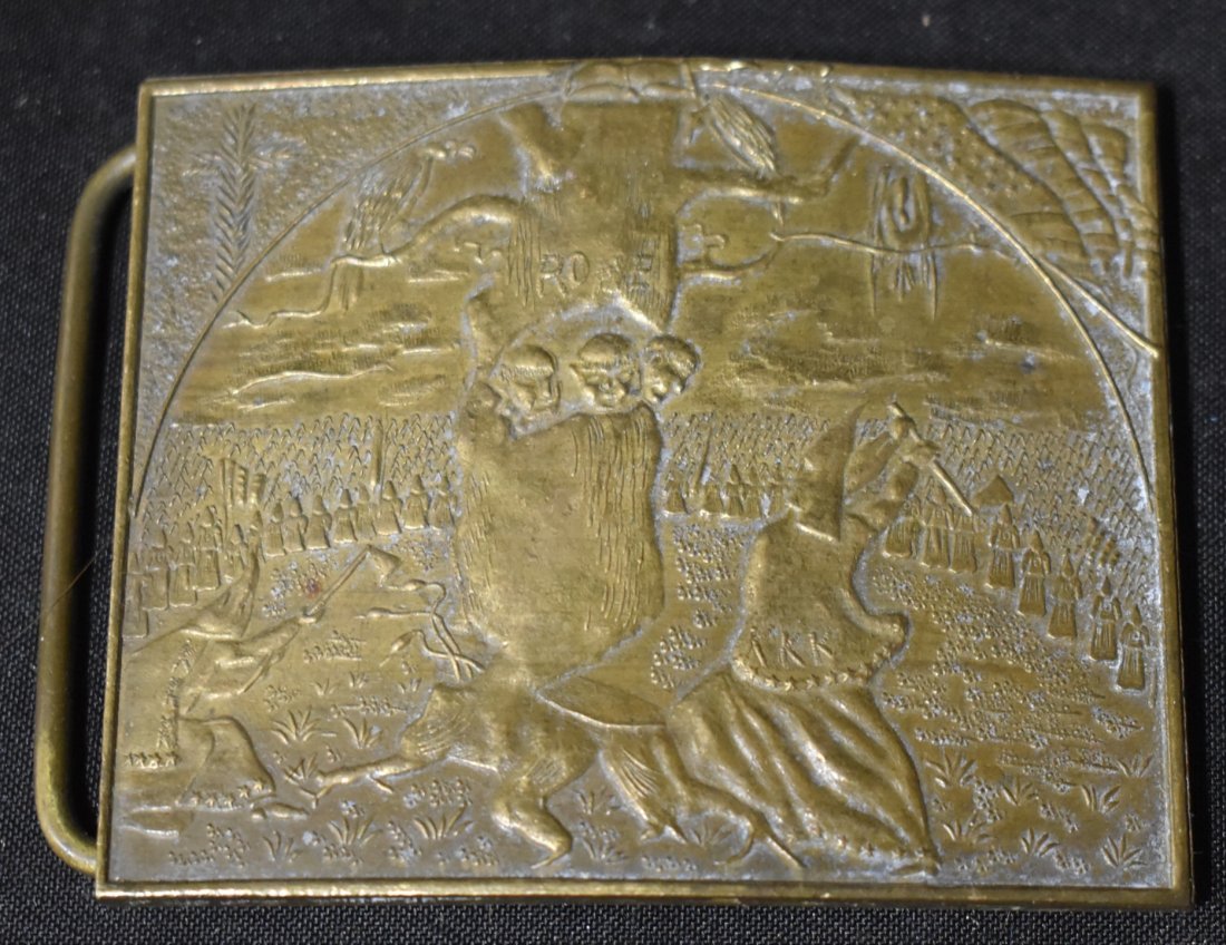 U.S. Civil War Bronze Buckle.: Marked at the back Designed by Rev. Branford Clark. marked at the backside. Also marked Daniel Lowe Salem , Mass with a witch depicted on a broom. 3 1/2"L x 2 3/4"H