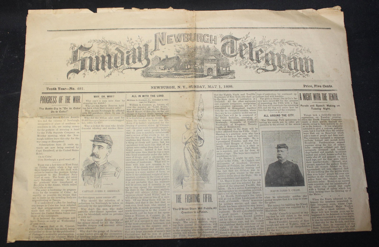Newburgh Sunday Telegram Newspaper 1898: Covering The Spanish American War "Progress of War Refers to group of Newburgh residents to ship off to Cuba May 1 1898 issue.