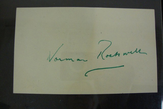NORMAN ROCKWELL AUTOGRAPH: Signed Norman Rockwell in green ink on a 3 x 5 white index card. VF