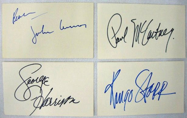 ORIGINAL AUTOGRAPHS. THE BEATLES. C. 1964: Autographs for each of the four Beatles collected at The Ed Sullivan Show appearance, 1964. George Harrison Autograph: "George Harrison" signed in black ink on reverse of 3 x 5 lined index card; John