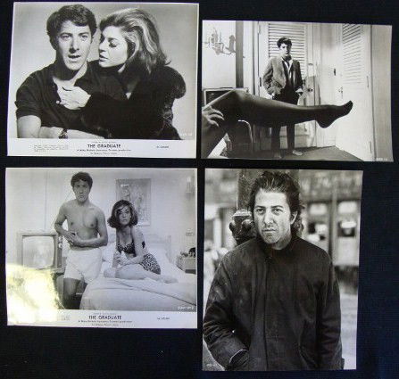 DUSTIN HOFFMAN MOVIE STILLS (47): Lot includes scenes from The Graduate; Midnight Cowboy; John and Mary; Marathon Man with several publicity snipes. Scene from Tootsie. Lot also includes original newspaper clippings. A Playbill from B