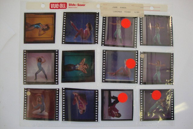 24 ORIG. JANE FONDA TRANSPARENCIES - LANGDON: Twenty-four original Jane Fonda Workout color transparencies by Harry Langdon. Each negative is 2-1/2" x 2-1/2".