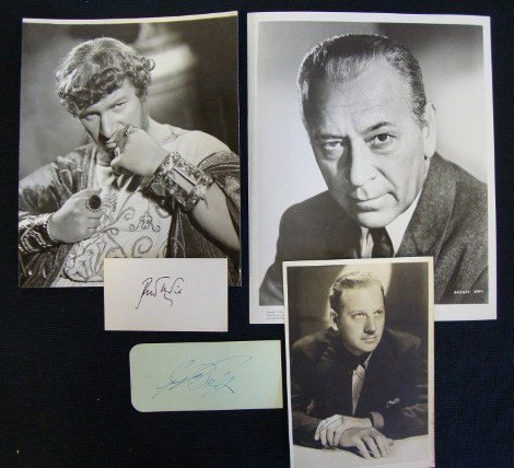 PHOTOS & AUTOGRAPHS RAFT. USTINOV. DOUGLAS: George Raft signed in blue ink on green paper, George Raft; Peter Ustinov photograph & autograph signed in black ink, Peter Ustinov on a manila card. Emperor photograph; Melvyn Douglas signed ISP, sig