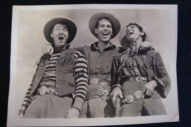 DEKKER MAC MURRAY ROLAND SGD. PHOTO: Signed in black ink on a photograph of the three Albert Dekker. Fred Mac Murray & Gilbert Roland. 7" x 5" F (creases).