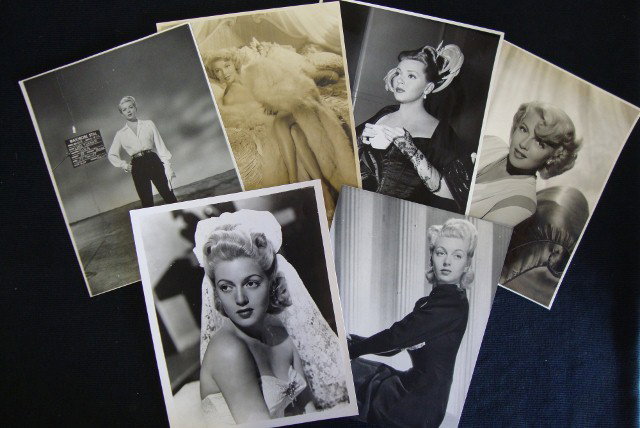 LANA TURNER MOVIE STILLS (14): Lot includes portraits and candids of Lana Turner. Three publicity snipes for The Girl Who Put Glamour in a Sweater; Lana Goes Dramatic; Making a Movie with Lana; three double card stock photos, one s