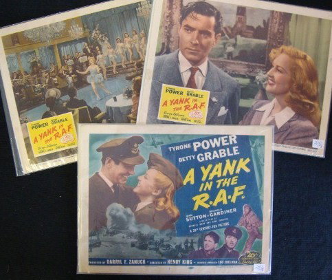 TITLE & LOBBY CARDS "A YANK IN THE R.A.F."(3): 20TH Century - Fox Film Corp., 1953, #1, #2, #4 Tyrone Power & Betty Grable, 11 x 14 VF
