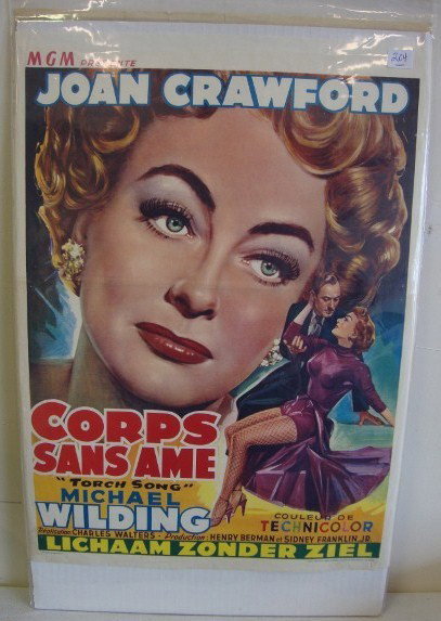 VINTAGE MOVIE POSTER "TORCH SONG": Belgian Version, "Corps Sansame", MGM 1953, Joan Crawford, 19 1/2" x 14 1/4", VF