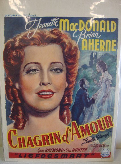 VINTAGE MOVIE POSTER "SMILIN' THROUGH": Belgian Version "Chargin d'Amour", Century Pictures, 1941, Jeanette Mac Donald & Brian Aherne, 21 1/4" x 14", F (creased upper left)