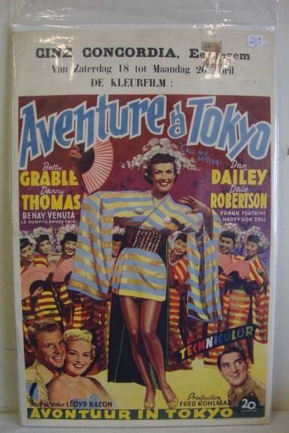 VINTAGE MOVIE POSTER "CALL ME MISTER": Belgian Version with export stamp "Aventure a Tokyo", 20th Century Fox, 1951, Betty Grable & Danny Thomas, 21 3/4" x 14", VF