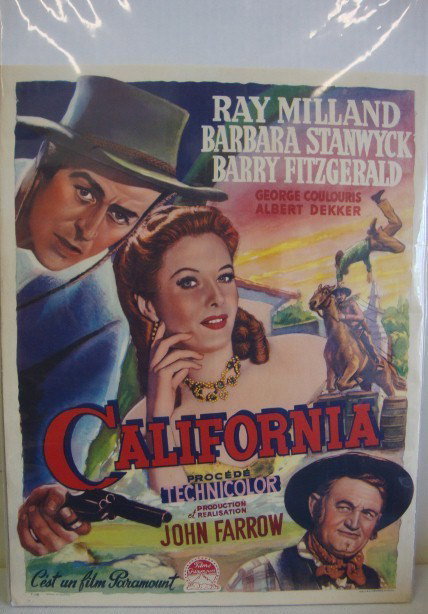 VINTAGE MOVIE POSTER "CALIFORNIA": Belgian Version, Paramount Films, 1958, Ray Milland, Barbara Stanwyck & Barry Fitzgerald, 18 1/4" x 14", F